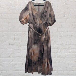 4X (FITS LIKE A 3X) Chiffon Floral Print Puff Sleeve Maxi Dress NWT